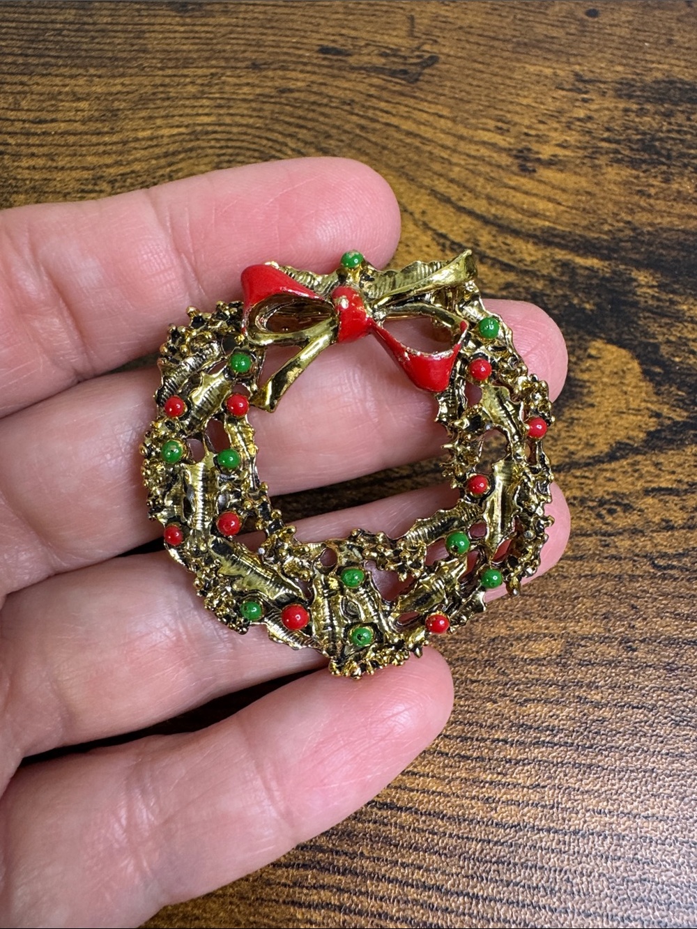 Vintage Gold Wreath Brooch with Red Bow and Green Accents